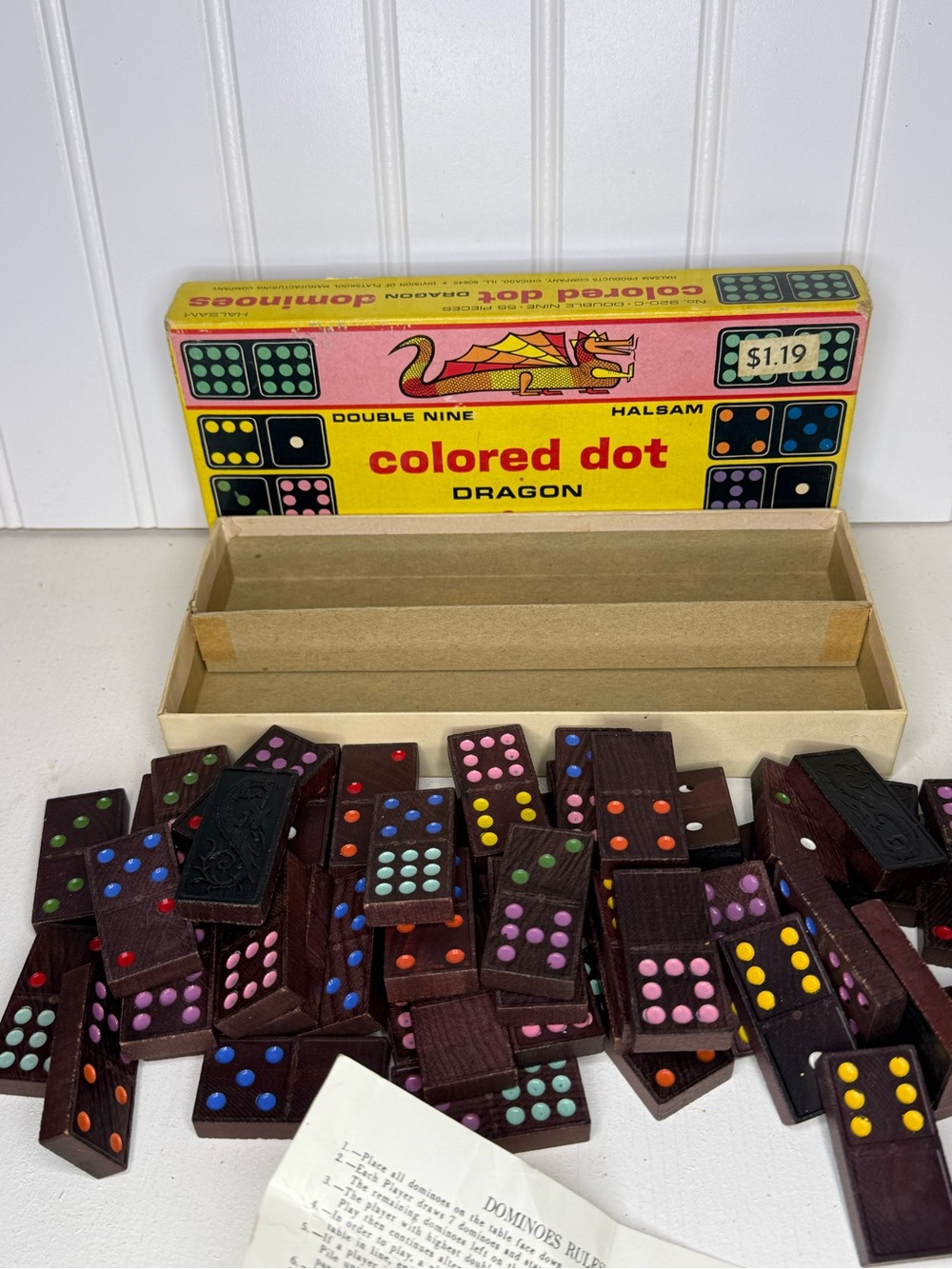 Vintage Dragon Dominoes with colored dots by Halsam Set Box GUC 920-C 55 Pieces